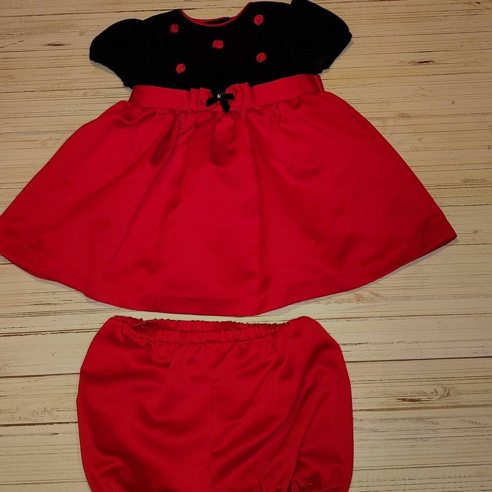 Youngland Christmas Red/Black Baby Dress with Bloomers And Rose Details 18M.